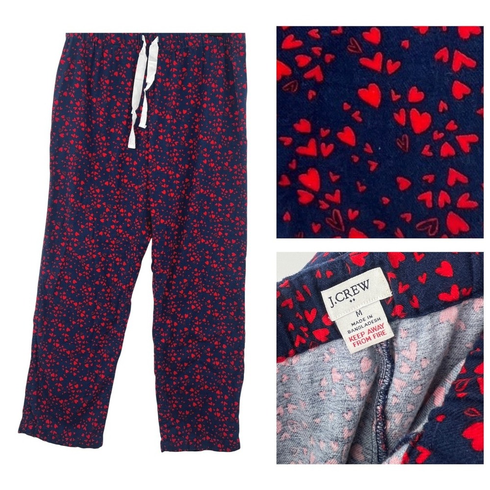 J.Crew Pajama Pants Womens M Navy Red Heart Print Cotton‎ Lounge Drawstring